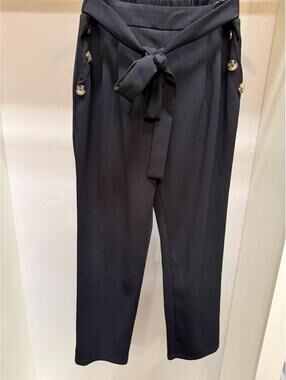 Black Paperbag Waist Trousers with Button Details